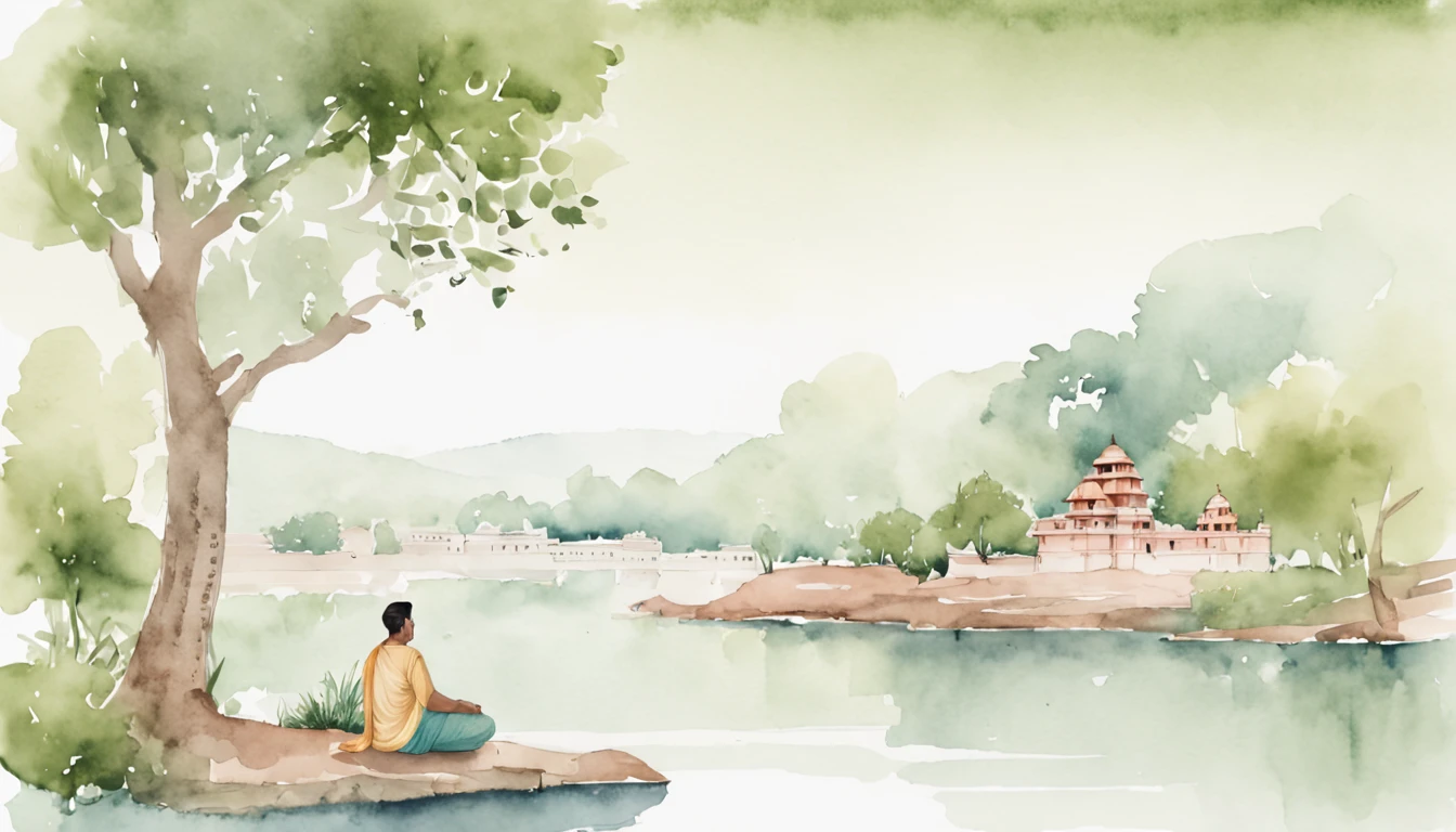 Varahamihira contemplating the cosmos on the banks of the Ganges River, surrounded by lush greenery and ancient temples, the tranquil environment mirroring his serene demeanor, a fusion of nature and intellectual pursuit, Artwork, watercolor and ink, soft textures, --ar 9:16 --v 5