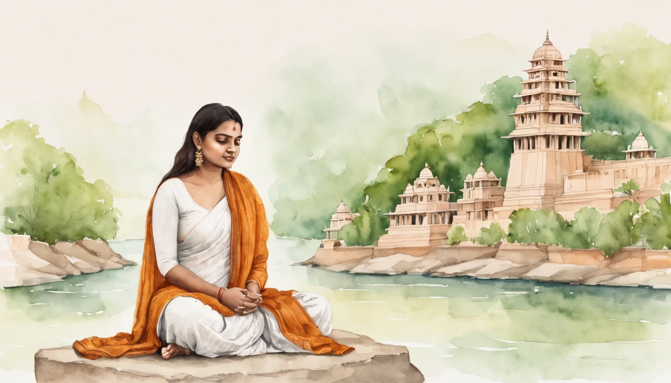 Varahamihira contemplating the cosmos on the banks of the Ganges River, surrounded by lush greenery and ancient temples, the tranquil environment mirroring his serene demeanor, a fusion of nature and intellectual pursuit, Artwork, watercolor and ink, soft textures, --ar 9:16 --v 5