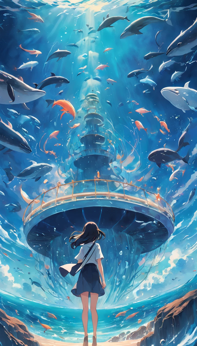 Pintura de um golfinho nadando no oceano colorido, Look up at the composition, Jellyfish and Whales of the Sky, inspirado em Cyril Rolando, a beautiful artwork illustration, autor：Shitao, arte conceitual colorida, Makoto Shinkai Cirilo Rolando, ao estilo de Cyril Rolando, Baleia voadora, Aquarela altamente detalhada 8K, Aquarela altamente detalhada 8 K，octano，Fim，Realistic，8k，Estilo Makoto Shinkai( Reasonable design, linhas claras, Alta nitidez,best quality, Very detailed, master part, Efeito de luz do filme, 4k )