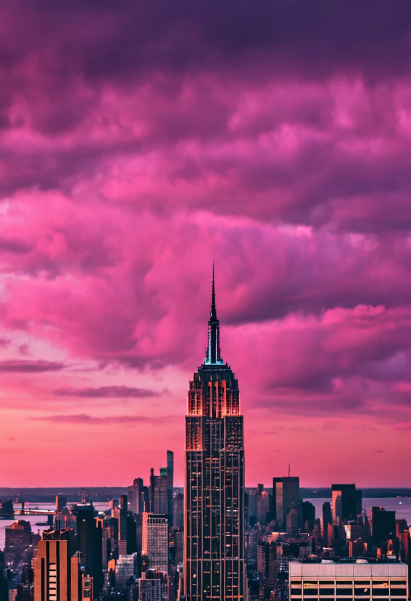 Sunset with pink and purple clouds in New York City,The Empire State Building is on the right