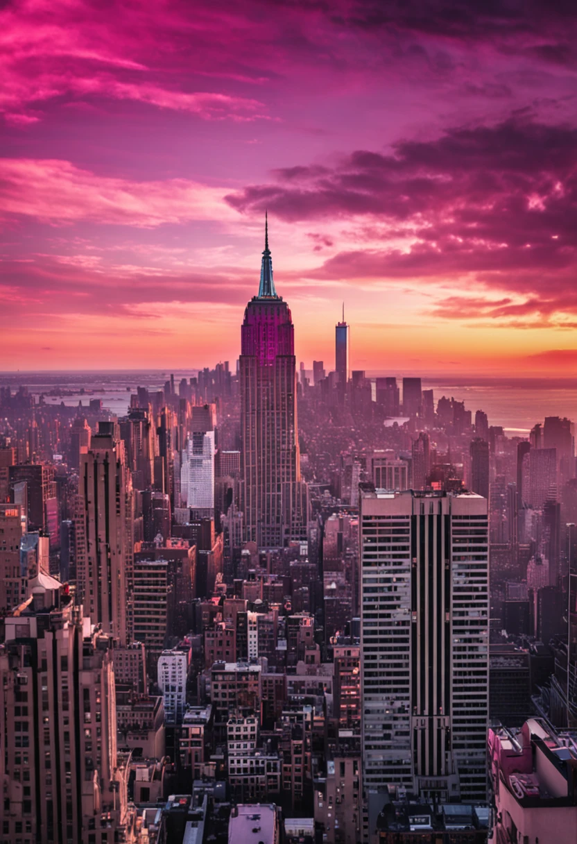 Sunset with pink and purple clouds in New York City,The Empire State Building is on the right