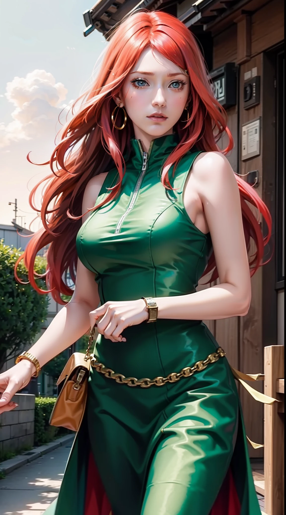 kushina from anime naruto, red hair, long hair, wears mascara, hair in a bun, perfect body, perfect breasts, beautiful woman, very beautiful, wears a green dress, fancy dress, expensive dress, beautiful dress, wears a handbag, wears a watch , wearing earrings, walking the red carpet, red carpet, Realism, masterpiece, textured skin, super detailed, high detailed, high quality, best quality, 1080P, HD, 16k