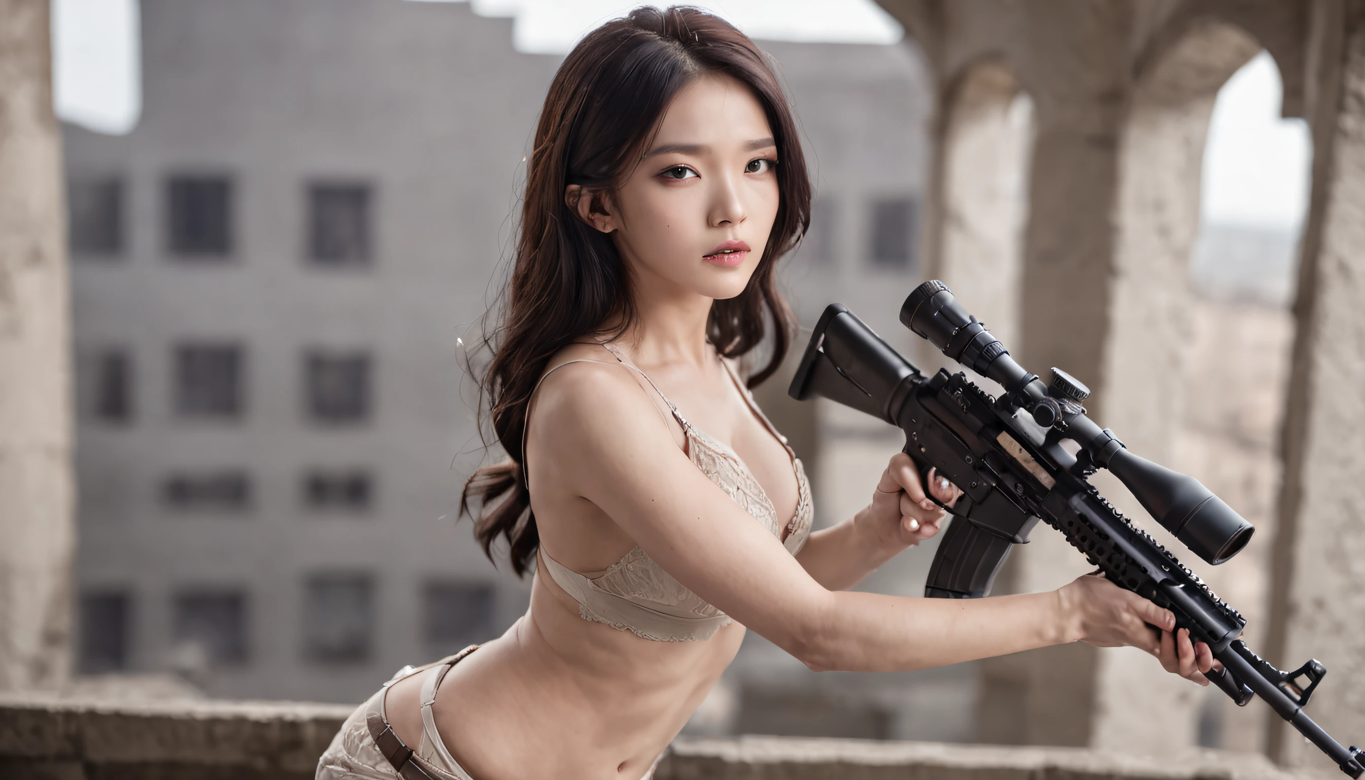 A female sniper ambushes the roof of a building,Armed with a sniper rifle and aim at the enemy,Battle background,Hyper-detail photography,Mattire,Golden ratio,Chinese woman、Youthful、white under lingerie、Short purple skirt、Open navel、long whitr hair、Tall guy、Black hair color、full bodyesbian、photorealestic、skin highlights、largeeyes、perfect anatomia,Reclining,With a smile
