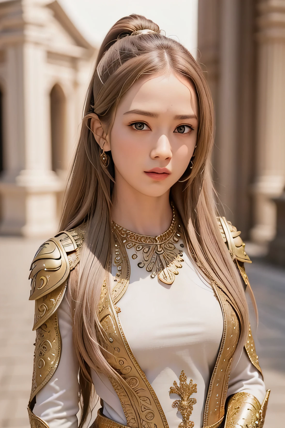 jisoo look-a-like, (8K, best quality:1.2), (masterpiece:1.37), (photo, photorealistic:1.37), (ultrahigh-res), half body, walking pose, shot from front, slow motion, female paladin in armour, (light silver and gold armour:1.2),(ornately decorated armor), (insanely detailed, bloom:1.5), (highest quality, concept art, 4k), (analog:1.2), (high sharpness), (detailed pupils:1.1), detailed face and eyes, Masterpiece, best quality, (highly detailed photo:1.1), (long blonde Hair, ponytail,ecstatic:1.1), (young woman:1.1), sharp, (perfect body:1.1), realistic, real shadow, 3d, (temple background:1.2), arms crossed over the chest 
photographed by Canan EOS R6, 135mm, 1/1250s, f/2.8, ISO 400