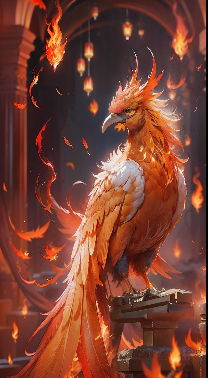 There was a bird sitting on a table and making a fire, ''wallpaper of a phoenix resting, artwork of a phoenix, ''wallpaper of a phoenix, fiery bird, phoenix in fire, ornate with fiery explosions, phoenix dragon, glowing feathers, The Phoenix rose from the ashes, with fiery golden wings of flame, 8K high quality detailed art, birds f cgsociety