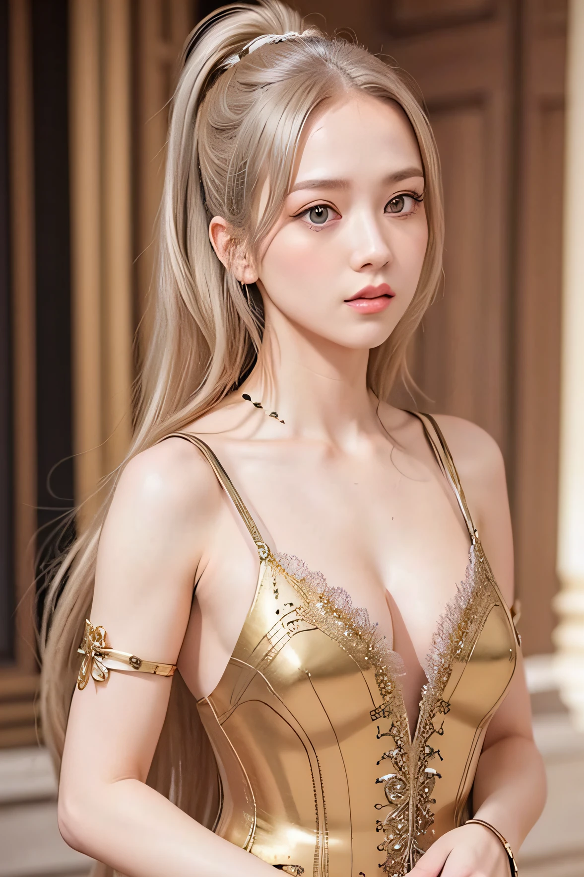 jisoo look-a-like, (8K, best quality:1.2), (masterpiece:1.37), (photo, photorealistic:1.37), (ultrahigh-res), half body, walking pose, shot from front, slow motion, female paladin in armour, (light silver and gold armour:1.2),(ornately decorated armor), (insanely detailed, bloom:1.5), (highest quality, concept art, 4k), (analog:1.2), (high sharpness), (detailed pupils:1.1), detailed face and eyes, Masterpiece, best quality, (highly detailed photo:1.1), (long blonde Hair, ponytail,ecstatic:1.1), (young woman:1.1), sharp, (perfect body:1.1), realistic, real shadow, 3d, (temple background:1.2), arms crossed over the chest
photographed by Canan EOS R6, 135mm, 1/1250s, f/2.8, ISO 400