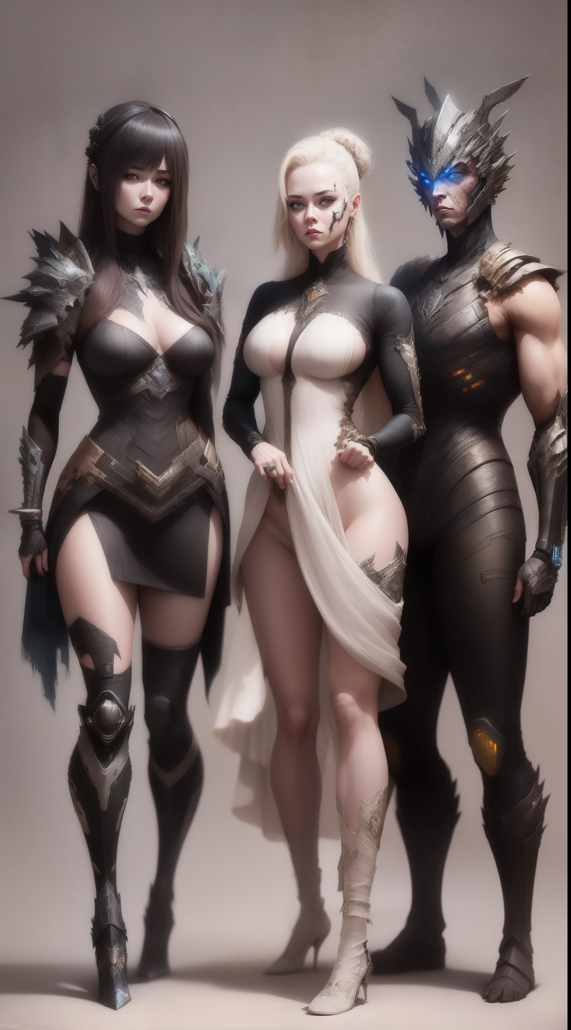 Full body concept characters post-apocalyptic warframe mech Tebash albino women Greg Rutkowski and Norman Rockwell and Alphonse Mucha Octane render masterpieces, trending on artstationh, behans, CGSesociety, Extremely detailed, Amazing, Beautiful, Rainbow colors, High definition, World renowned, PS5