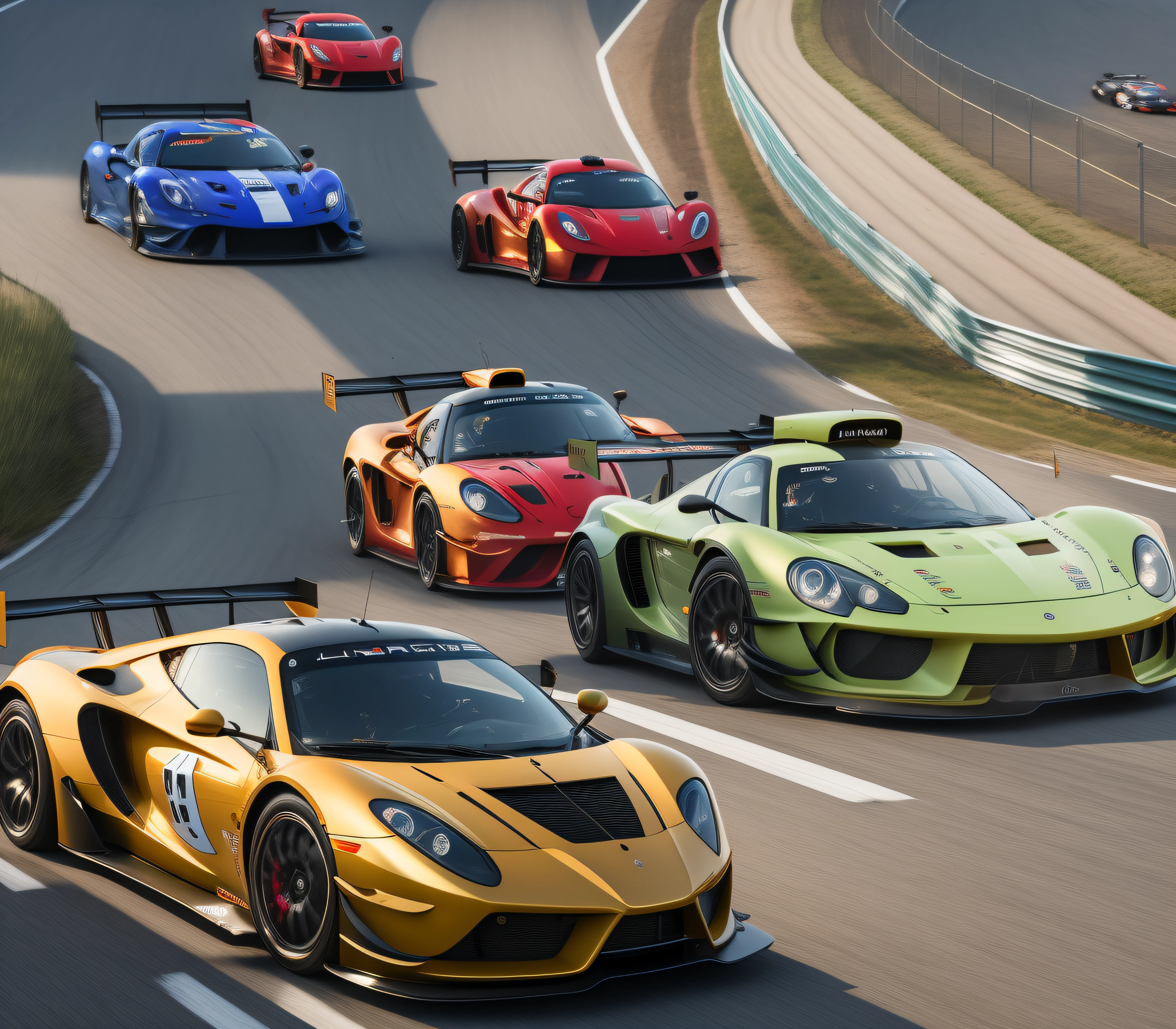 Several cars raced on the track，The background is a mountain, Many exotic cars, massive vertical grand prix race, sports cars, author：Jacob Galmain, ethnicity, author：Adrian Zingg, best on adobe stock, CG art, by Daniel Seghers, Lotus, a red bearded guy driving a gt3s, 3840 x 2160，black hair, hair bobbles, wince, longeyelashes, solid circle eyes, fake animal ears, light smile, ear blush, fang, Surrealism, drop shadow, anaglyph, stereogram, tachi-e, pov, atmospheric perspective, cinematic lighting, chiaroscuro, motion blur, ray tracing, 8k, super detail, ccurate, best quality