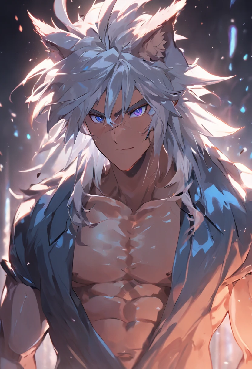 4K, high resolution, Best quality, Masterpiece, perfect colors, perfectly shaded, Perfect lighting, posted on e621, (by Chunie),, anthro, Furry art,  majestic dragon, scutes，Bicolor scales，Silvery hair，Scaly body, Colored eyes, Perfect male bodyPerfect male figure, Wear men's shorts,Abs，musculature,Detailed fur, Detailed face, Perfect face, (The stands up), Detailed background, ((Bonifasko lighting)), coda, (Detailed eyes), perfect pupils，Dragon's horn