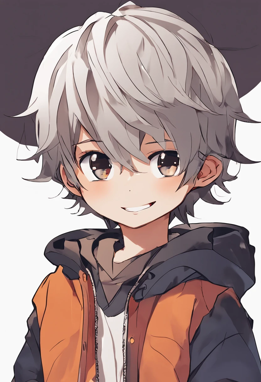 Designing the boy with minimal hair in an anime style, the boy wears an adorable smile as he sits on a chair.