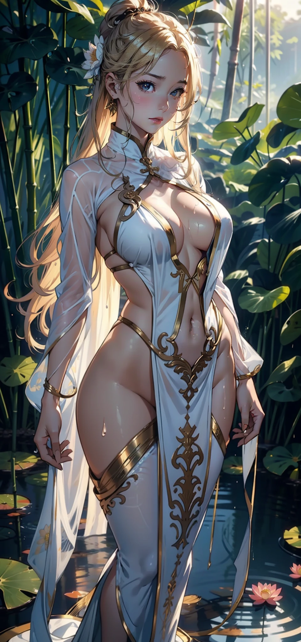 1female，35yo，mature，Bigchest，Big breasts Thin waist，long leges， 独奏，（Background with：bamboo forrest，lotuses，lotus flower，exteriors，Lotus pond） She has long blonde hair，standing on your feet，Sweat profusely，drenched all over the body，seen from the front， hair straight， mostly cloudy sky，（（（tmasterpiece），（Very detailed CG unity 8K wallpaper），best qualtiy，cinmatic lighting，detailed back ground，beatiful detailed eyes，Bright pupils，Black eyes，（Very fine and beautiful），（Beautiful and detailed eye description），ultra - detailed，tmasterpiece，）），facing at camera，A high resolution，ultra - detailed），revealing breasts，Bare genitalia，  Bulge，legs are open，Raised sexy，Camel toes，Flushed complexion，Open-mouthed，frontage（Wearing：White transparent cheongsam，Gold wire embroidery，Bare genitalia，Bare breasts，nakeness）