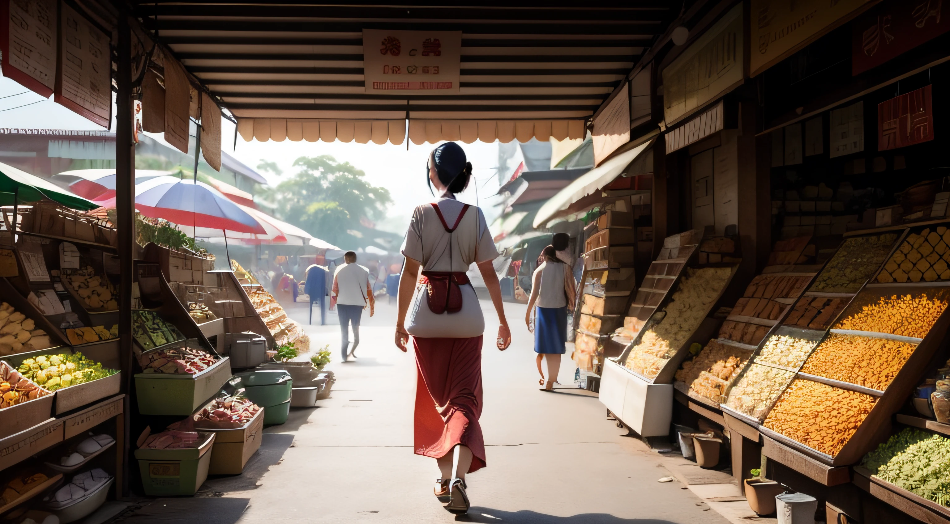 A hawker, a Thai woman, walking in the market, full body, back view