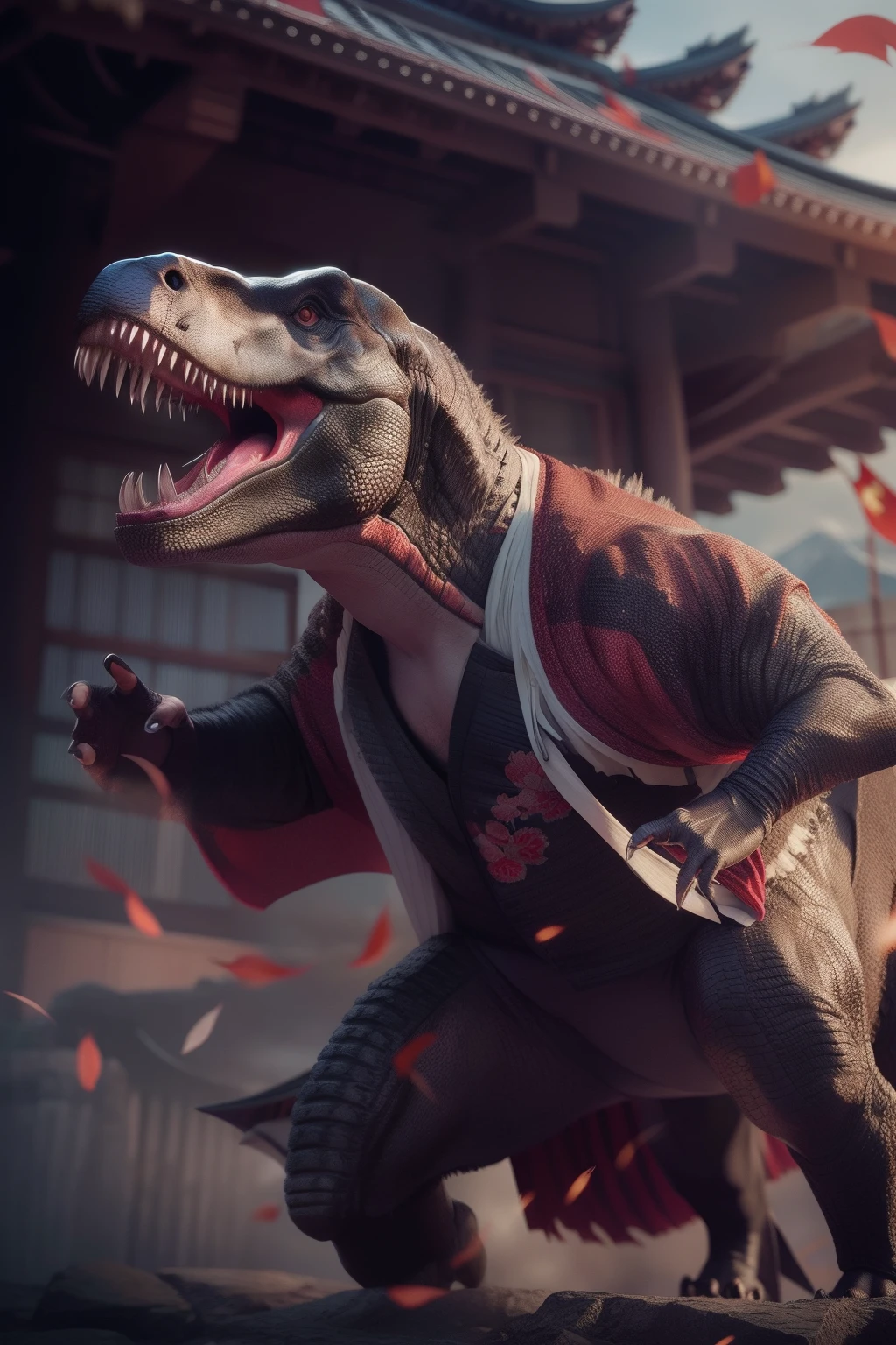 Tyrannosaurus rex became Japanese,Wear a traditional kimono,Realistic full body portrait of Tyrannosaurus rex,Ultra-detailed shooting,Japanese castle and dark background,Glow and realistic