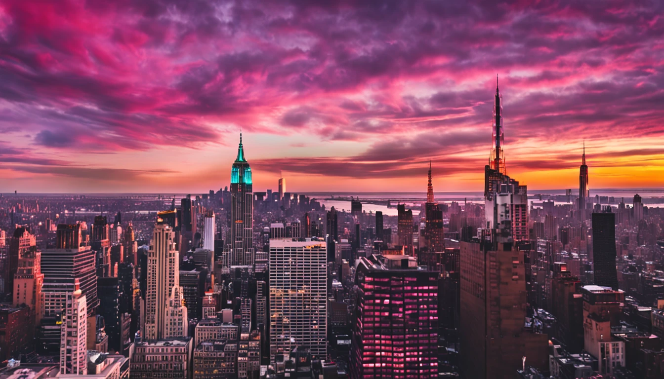 Sunset with pink and purple clouds in New York City,The Empire State Building is on the right
