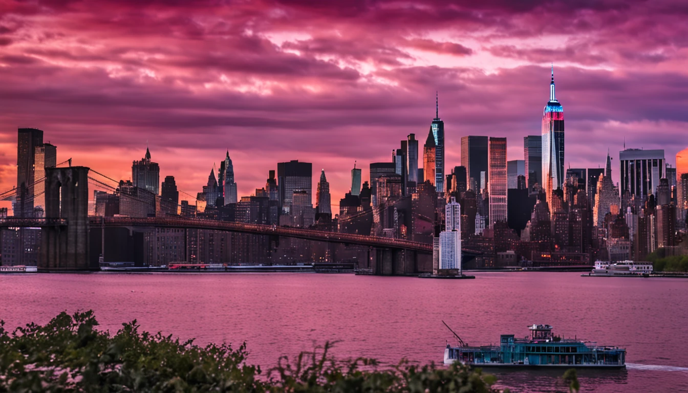 Sunset with pink and purple clouds in New York City,The Empire State Building is on the right