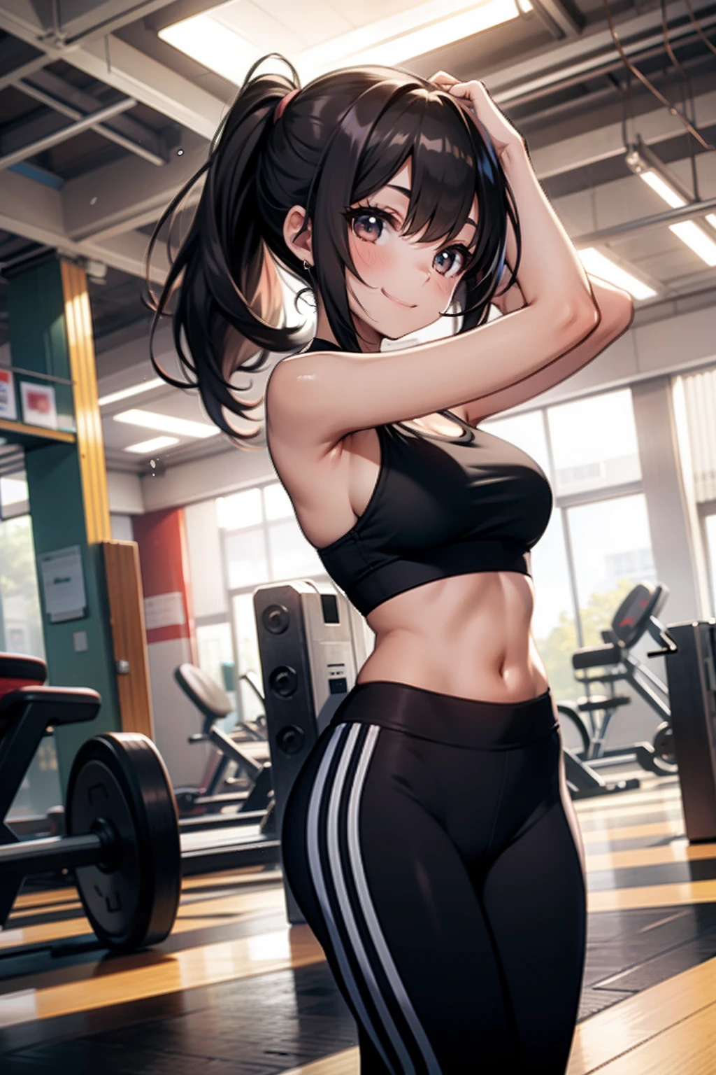 girl with, A dark-haired, Floating hair, poneyTail, kawaii, Smile, Sportsbra, yoga pant, gym, gals