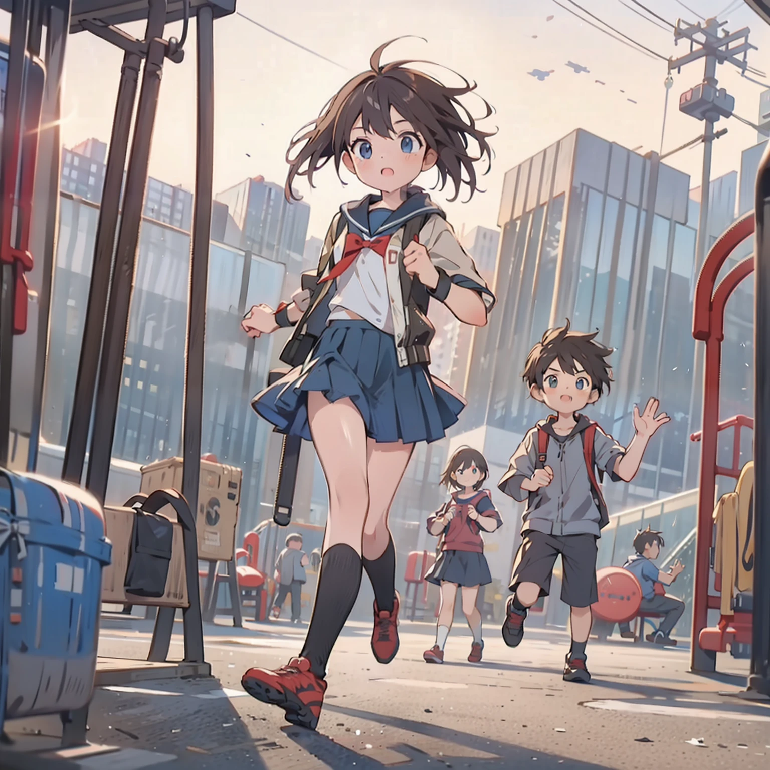 Two junior high school students, boy and girl, Run on the playground,tmasterpiece,8K,hight resolution,highest texture, --v6