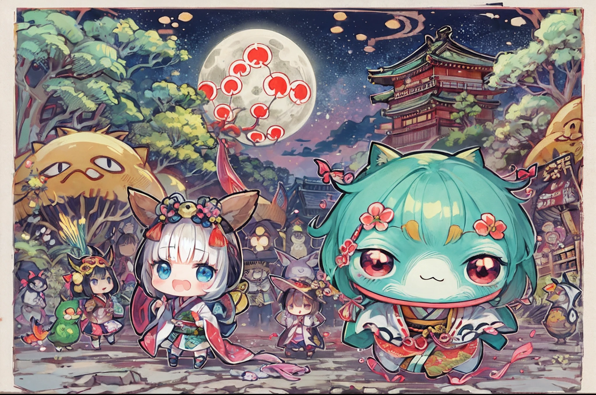 kawaii, chibi, Tiny, Do not go out at midnight. They march in the hazy moonlit night. Never meet them. Various Japanese monsters and sprits, Heian-kyo, Japanese folklore, processions, yokai(Japanese monsters and sprits), Unattended, no Human, Heian-emaki style illustration, Detailed drawing, Vibrant colors、