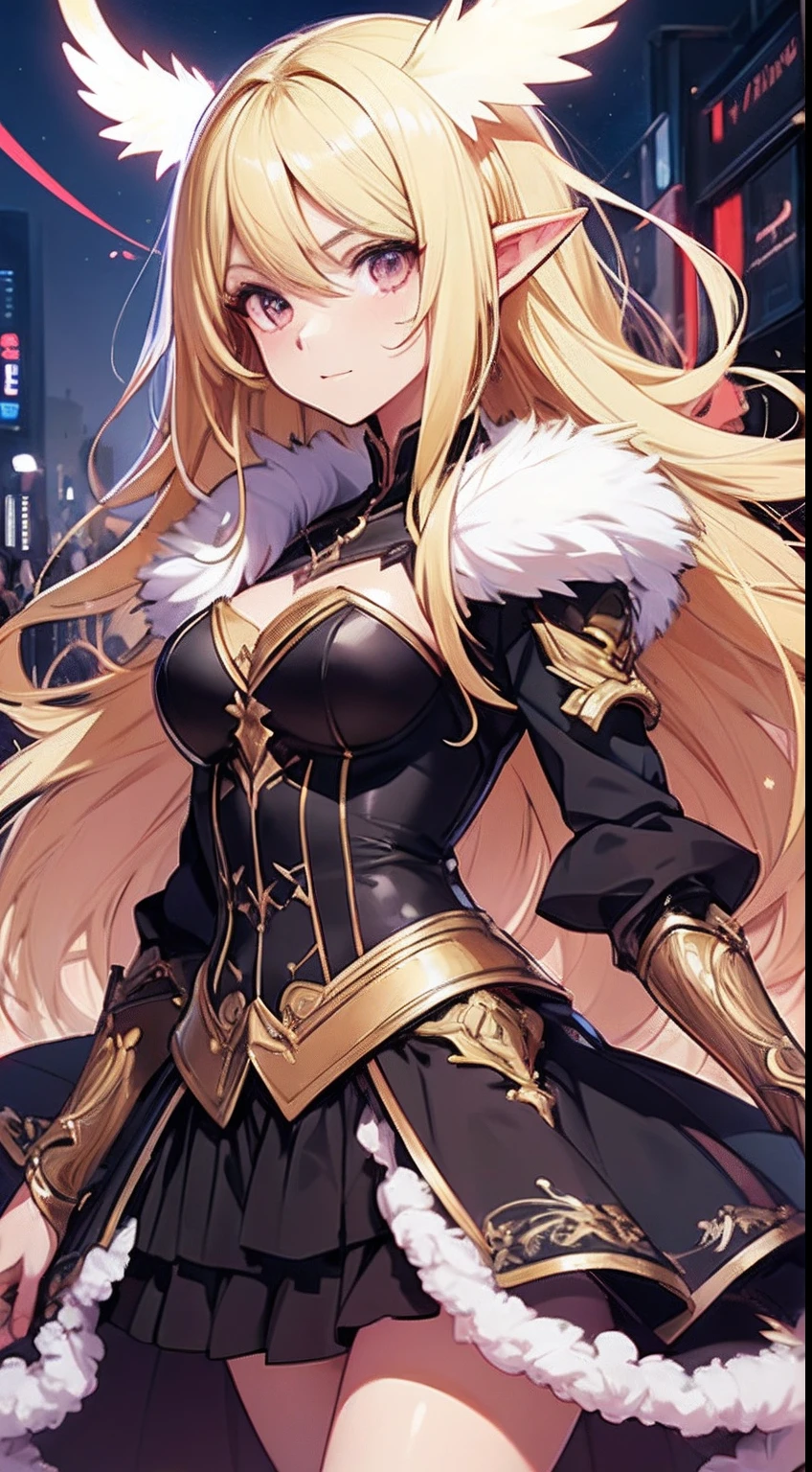 1girll，(Long fluffy blonde hair:1.6)，Knight's suit，Mature female，perfect body proportion,  long pointy ears, pink hair, Rich and noble families，dress，pastures,  happy, V-shaped eyebrows，Almost fell，Time is at night，looking at viewert，Ultra-detailed CG，Exquisite facial features，Clear facial expressions，Detailed digital anime art，Digital anime art，High quality anime art style