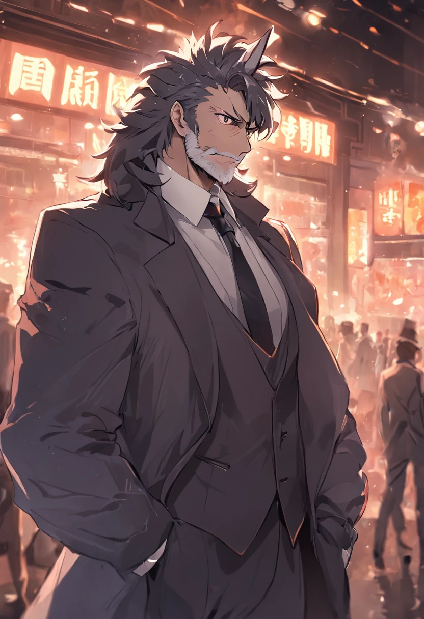 4K, high resolution, Best quality, Masterpiece, perfect colors, perfectly shaded, Perfect lighting, posted on e621, (by Chunie), Furry, anthro, Furry art,middle aged man，Big back，Black and white hair，stubbles，Handsome face，wind coat，Business suit，围巾，cigars，Male panther，two tone color hair，eye glass，(Middle Age),Detailed fur, Detailed face, Perfect face, (The stands up), Detailed background, ((Bonifasko lighting)), coda, (Detailed eyes), perfect pupils