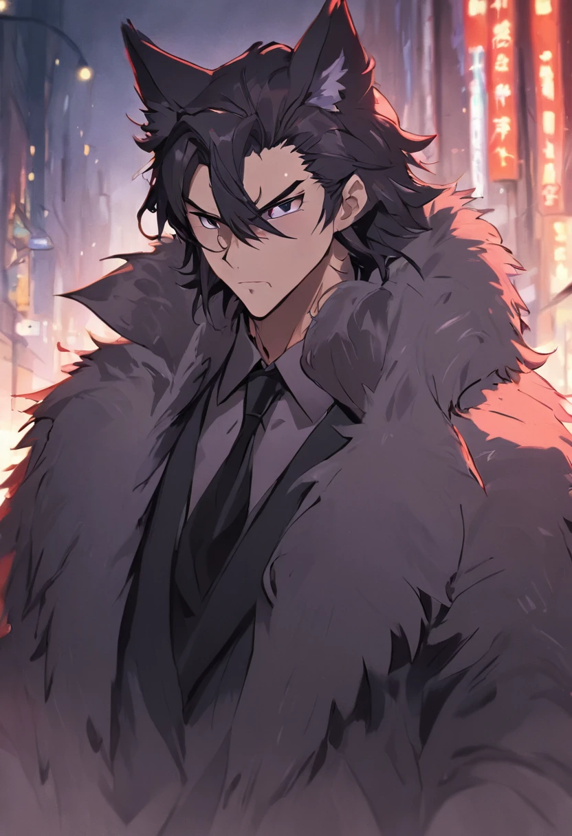 4K, high resolution, Best quality, Masterpiece, perfect colors, perfectly shaded, Perfect lighting, posted on e621, (by Chunie), Furry, anthro, Furry art,middle aged man，Big back，Black and white hair，stubbles，Handsome face，wind coat，Business suit，围巾，cigars，Male panther，two tone color hair，eye glass，(Middle Age),Detailed fur, Detailed face, Perfect face, (The stands up), Detailed background, ((Bonifasko lighting)), coda, (Detailed eyes), perfect pupils