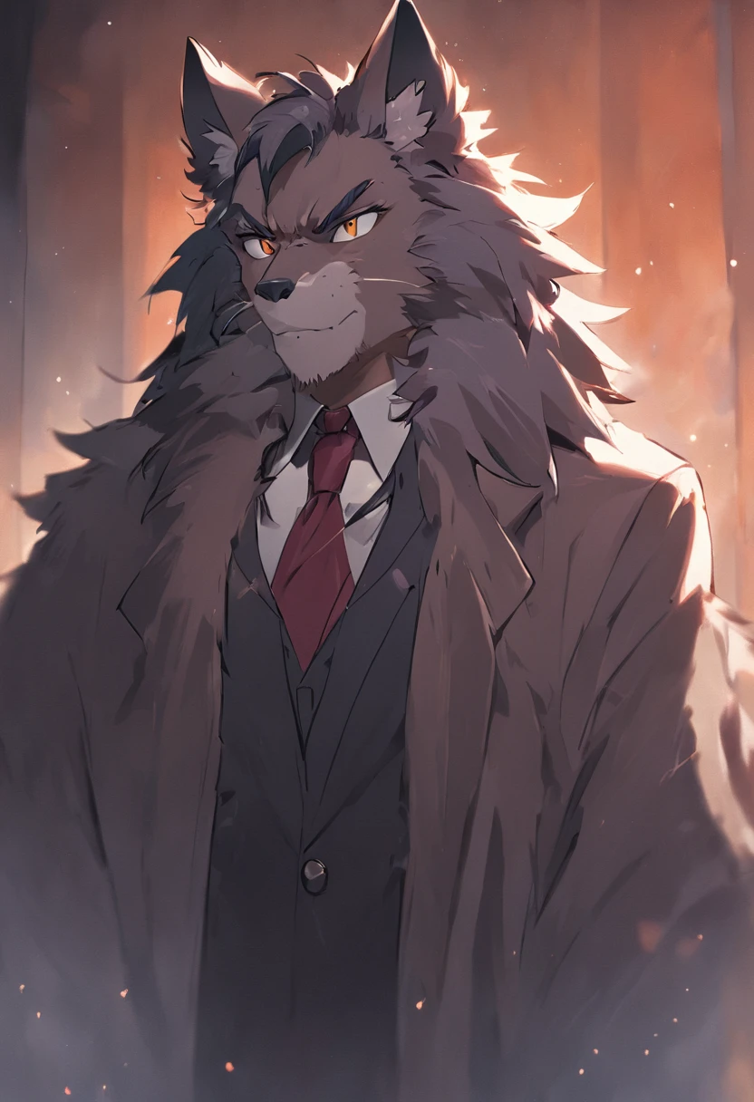 4K, high resolution, Best quality, Masterpiece, perfect colors, perfectly shaded, Perfect lighting, posted on e621, (by Chunie), Furry, anthro, Furry art,middle aged man，Big back，Black and white hair，stubbles，Handsome face，wind coat，Business suit，围巾，cigars，Male panther，two tone color hair，eye glass，(Middle Age),Detailed fur, Detailed face, Perfect face, (The stands up), Detailed background, ((Bonifasko lighting)), coda, (Detailed eyes), perfect pupils