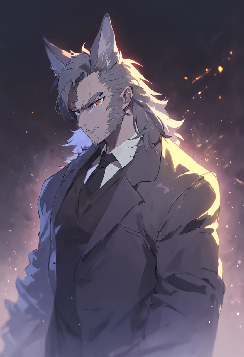 4K, high resolution, Best quality, Masterpiece, perfect colors, perfectly shaded, Perfect lighting, posted on e621, (by Chunie), Furry, anthro, Furry art,middle aged man,Big back,Black and white hair,stubbles,Handsome face,wind coat,Business suit,围巾,cigars,Male panther,two tone color hair,eye glass,(Middle Age),Detailed fur, Detailed face, Perfect face, (The stands up), Detailed background, ((Bonifasko lighting)), coda, (Detailed eyes), perfect pupils