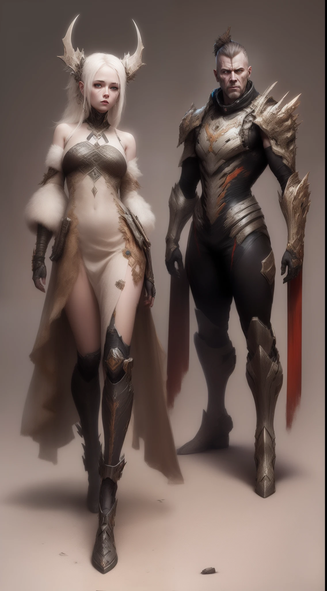 Full body concept characters post-apocalyptic warframe mech Tebash albino women Greg Rutkowski and Norman Rockwell and Alphonse Mucha Octane render masterpieces, trending on artstationh, behans, CGSesociety, Extremely detailed, Amazing, Beautiful, Rainbow colors, High definition, World renowned, PS5