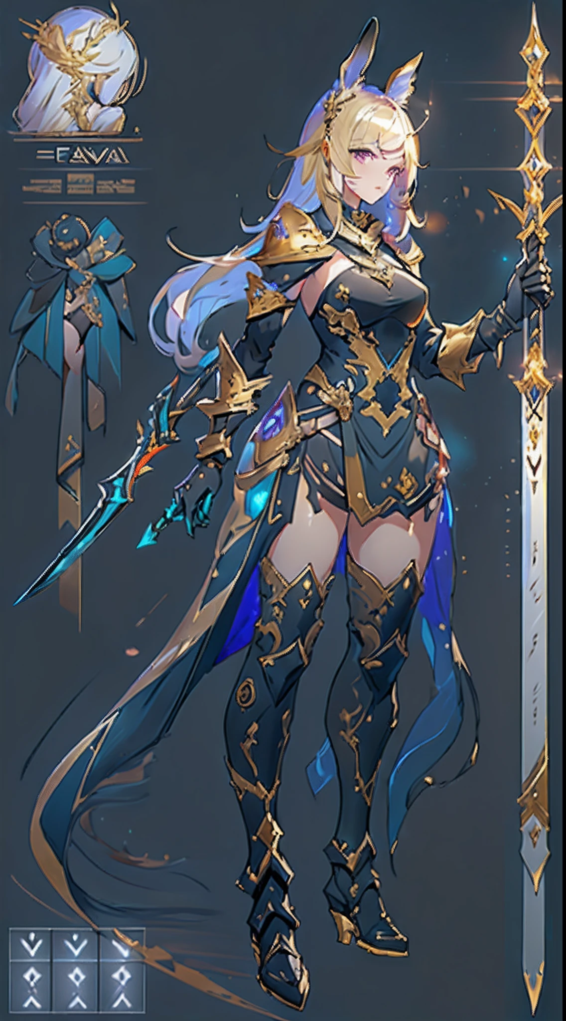 Design a layout showcase Gaming character, ((1girl)), assasin:1.4, Golden+Purple clothes, Black_Desert_style, stylish and unique, ((showcase weapon:1.4)), magic staff, (masterpiece:1.2), (best quality), 4k, ultra-detailed, (Step by step design, layout art:1.5), (luminous lighting, atmospheric lighting), Final Fantasy style, magican, ((glove full hands)), fran, viera, (((revealing clothes:1.3))), vambraces, armored legwear, (((full_body_shot:1.4))), Niji, back_view, T_pose