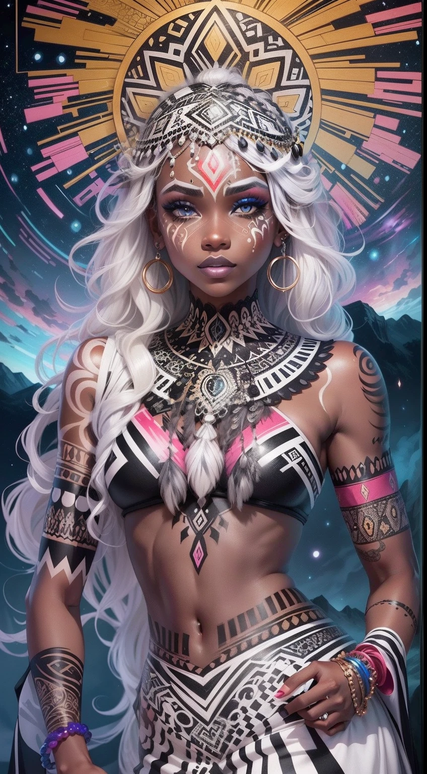32k, total nude full body view from head to toe of black skin asian young skinny woman, ((without clothes, black skin, absolutely nude, small boobs)), very beautiful tribal raccoon sexy skinny young 20 yo woman with excessive intricately detailed vivdly colorful facepaint bodypaint makeup, stunning radiant teal eyes, gorgeous white hair with pink highlights, magical night sky background, (total nude) full length body shot, trending on artstation, sharp focus, studio photo, intricate details, highly detailed, 32K resolution, perfect composition, perfect face, ultra detailed