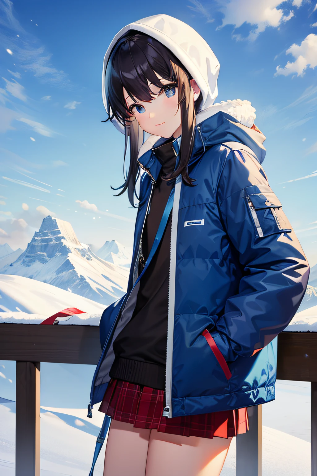 By bangs,snow mountains,christmas,hooding,with blue sky and white clouds,China-style,puffer jacket,Leaning against the railing,