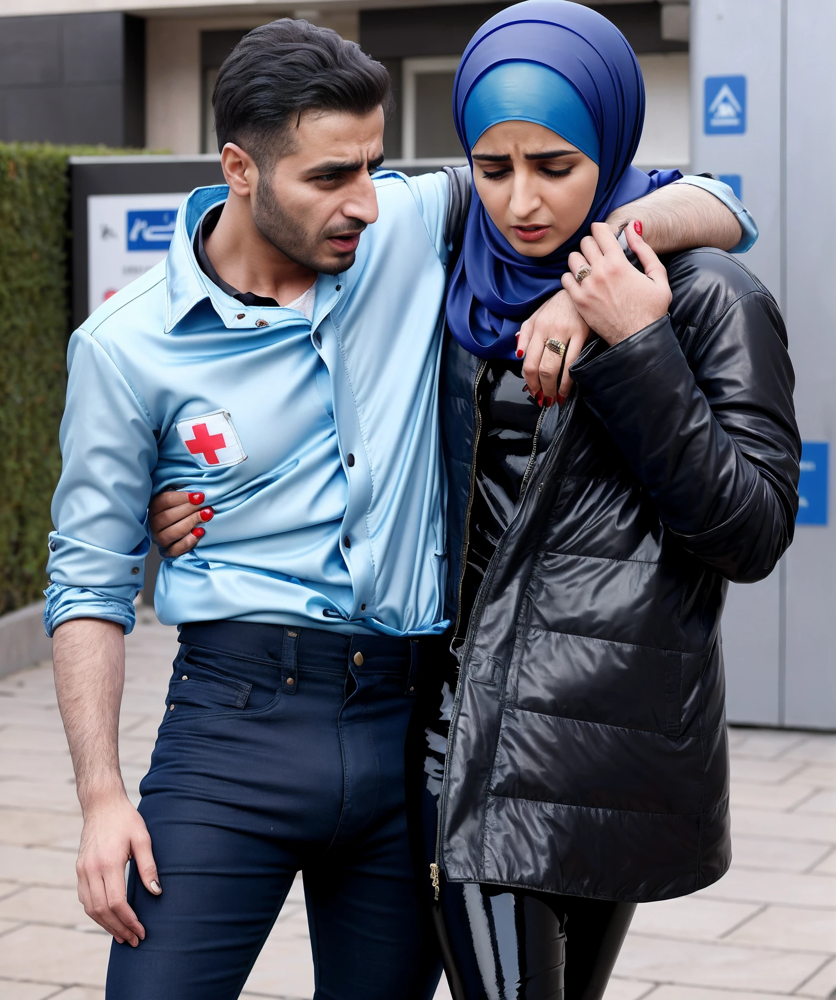 suffering man in cotton shirt, muslimam with pityful expression, man in jeans and cotton shirt is screaming in agony, muslima looking very concerned and pityful, man in cotton shirt is shouting with pain, muslima in high-shine plastic coat, vinyl puffer, plastic coat, wetlook laquered coat, plastic headscarf, vinyl veil, shiny blue plastic-headscarf, muslima in leather pants, muslim woman in shiny leather trousers, plastic downcoat, padded black plastic-coat, attractive male-model is carried by muslim woman in black coat, drama, photo, first aid, pity, a very attractive and beautiful young and blond german man in a blue cotton shirt and matte jeans and a syrian woman in a shiny deep-black laquered-coat and a brilliant blue satin headscarf stand arm-in-arm in front of a refugee hostel, the syrian woman holds the man's arm over her shoulder with one hand and her other hand can be seen under the man's other arm, the man has a suffering and pain-distorted face and the woman has a horrified and very shocked facial expression, a german man in a cotton shirt and jeans is injured and is being supported by a syrian woman, a syrian woman is wearing a high-gloss plastic down coat and is supporting an injured short-haired man who cannot walk alone, a syrian woman with a headscarf holds an injured short-haired man in her arm, pity, accident, injury, first aid, drama, ultra realistic, photo