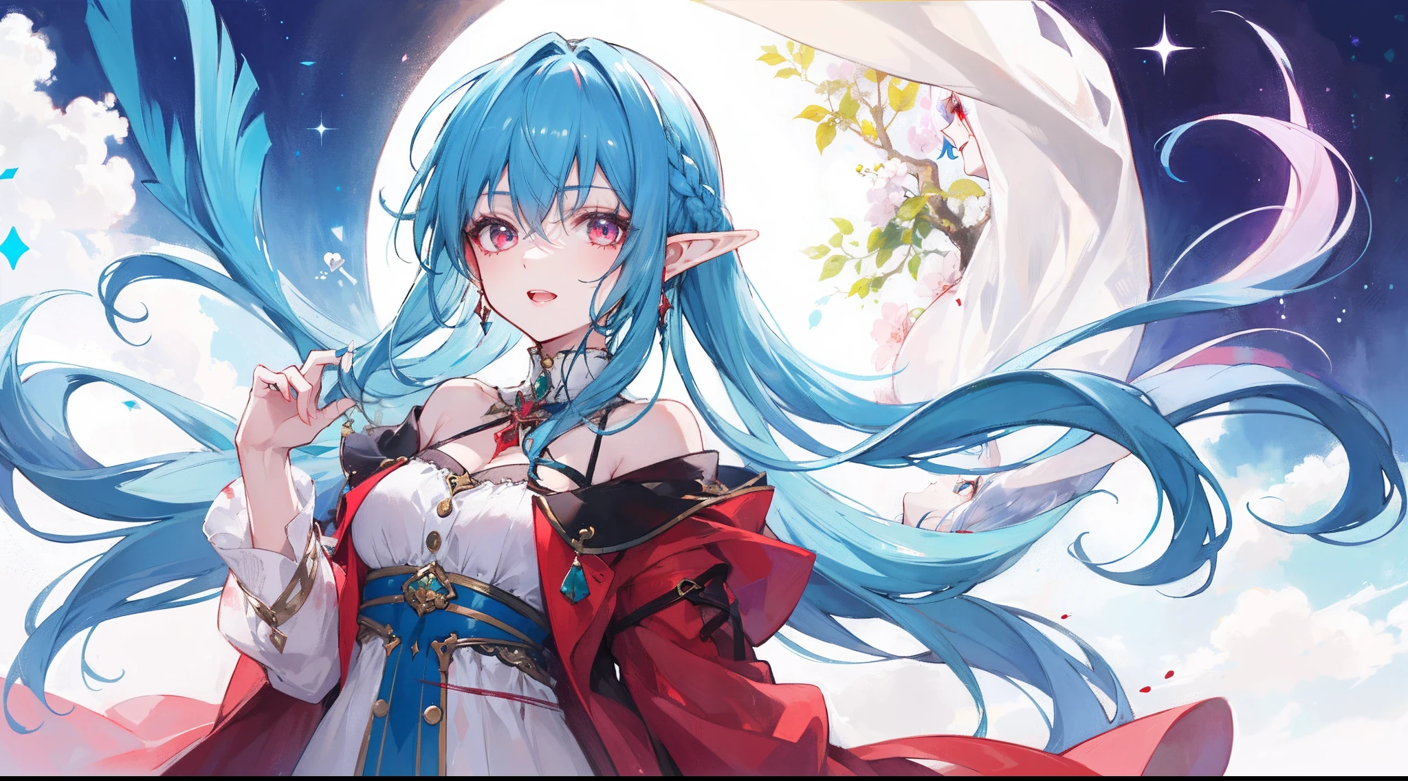 A charming elf girl, giving off a playful aura, her hair is blue like the ocean, her eyes are red like blood
