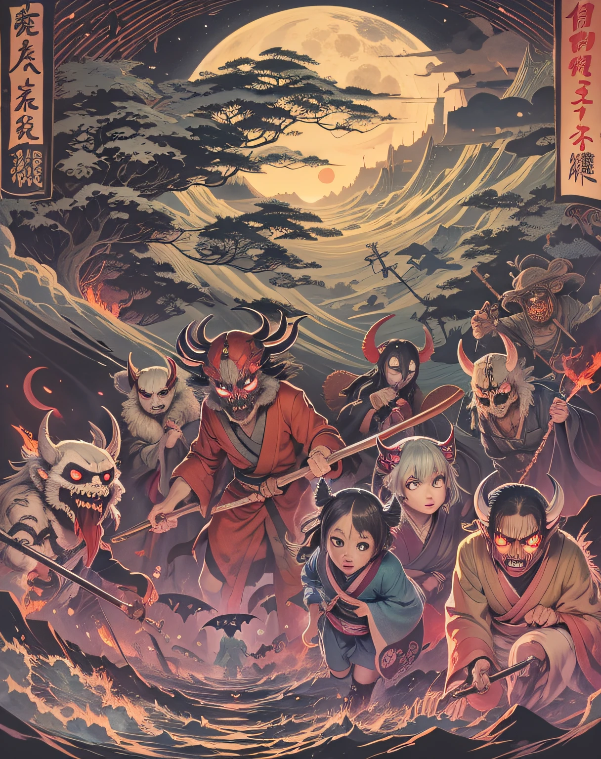 A detailed horror yokai landscape, (full of demons:1.2), yokai , monsters, demons, many demons, (ruins:0.5), crawling, dark environment, fog, BREAK,
realistic, 4k, ((Demons' Parade)), (百鬼夜行 Hyakkiyakō), Hyakki Yagyō, BREAK Do not go out at midnight. They appear in a line with torches in the moonlight that peeks through the clouds. Various Japanese sprits, Various Japanese demons, Heian-kyo, Japanese folklore, yokai, processions, Various Japanese monsters, Unattended, ukiyoe,, group of yokai, multiple family yokai, ((parade)), bloody, ((Spooky atmosphere))，best quality，8K, (masterpiece), BREAK (group of demon) consist of ((Oni)), ((kappa)), ((Tengu)), ((Yuki-onna)), ((Kamaitachi)), ((Sarugami)), ((Nurikabe)), ((Ittan-momen)), ((Akamane)), The Night Parade of One Hundred Demons is a terrifying legend that has been told for centuries. It is a reminder of the power of the supernatural and the dangers of the night.