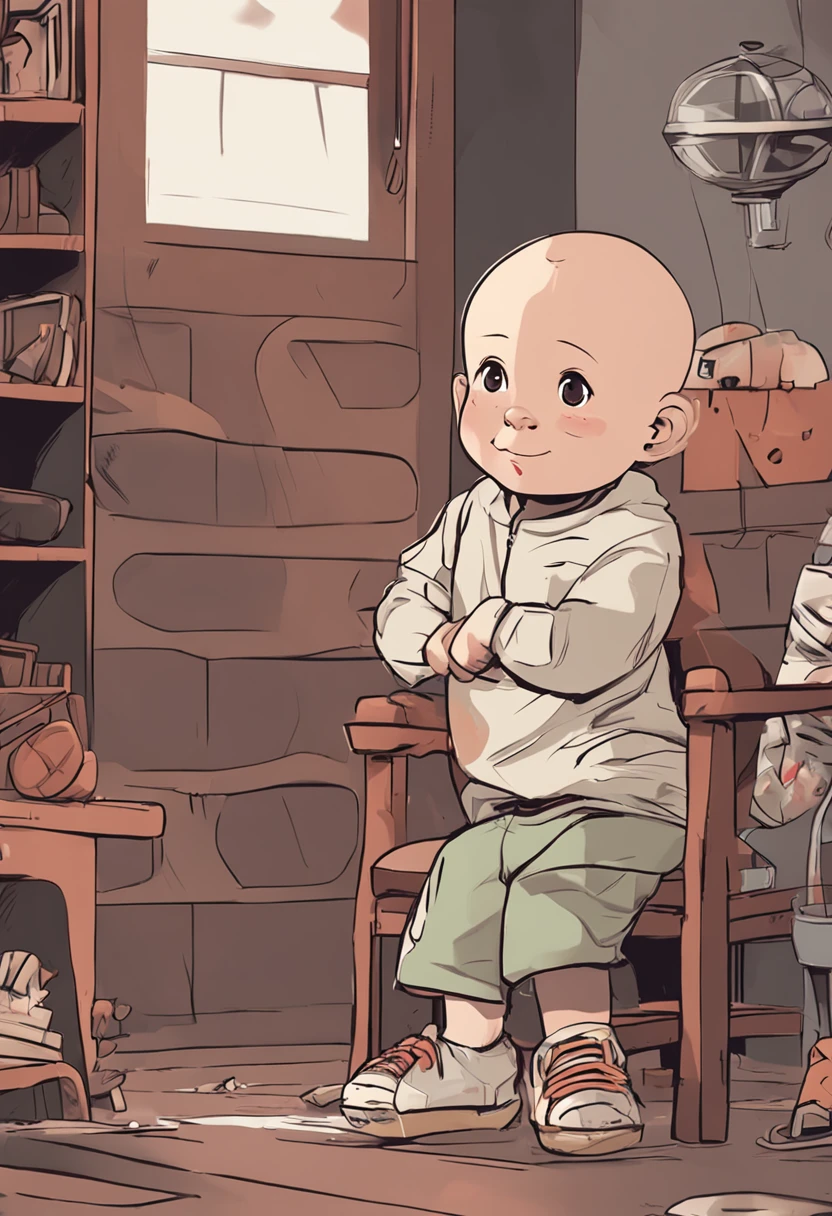 Designing a 2 to 3-year-old toddler with a bald head in an anime style, the wears an endearing smile as he sits on a chair.