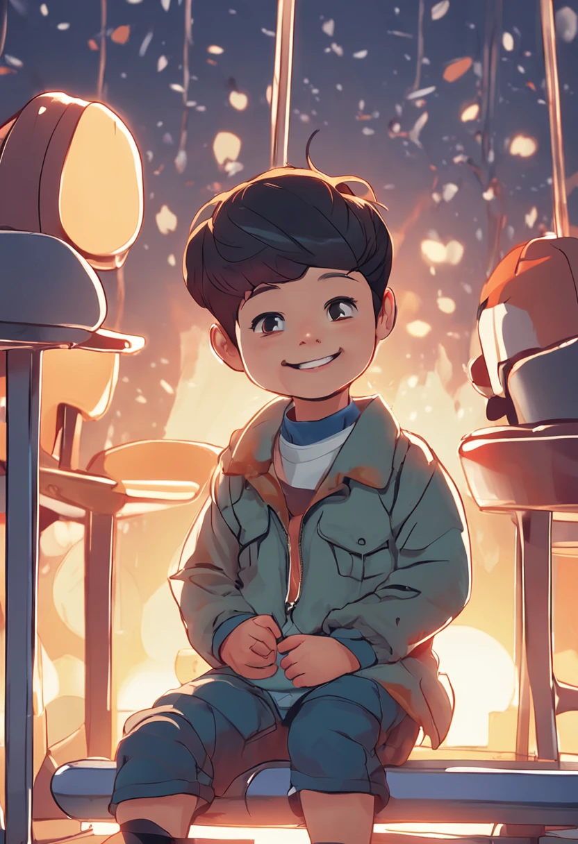 Designing a 2 to 3-year-old toddler with a bald head in an anime style, the little boy wears an endearing smile as he sits on a chair.