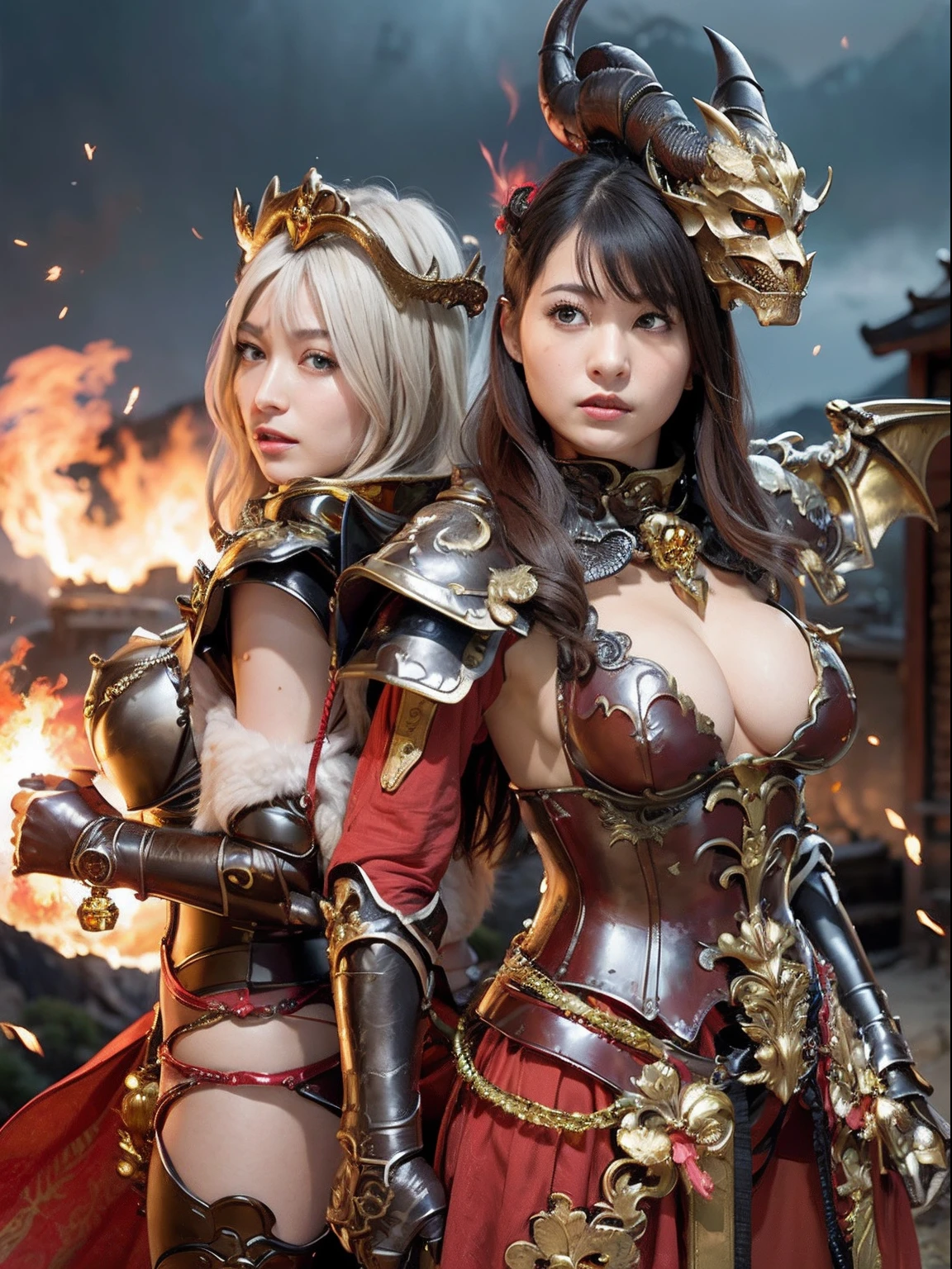 Professional , ​masterpiece、top-quality、photos realistic , depth of fields 、（Dragon Red Metal Body:1.９),(Matte Red、（cleavage of the ??????）、Dragon Gold Weapon、（Red Micro ?????? Armor:1.４),Gorgeous gold weapons ,（（ Dragon's dense and gorgeous sword）） , （demonic wings）、（（a blond））、（Castle background）、（（Gangle's forest background））、Beautiful Caucasian beauty、１a person、dynamic ungle,(((Detailed and ornate dragon helmet)))、Smaller head、A smile、Castle background、Thin and beautiful female hands、cleavage of the ??????、Soldier in iron armor on background、Mystical expression、Light Effects、intense fighting、Wind-effect、magic circles、With the legendary magic wand、Dragon's tail、explosions、