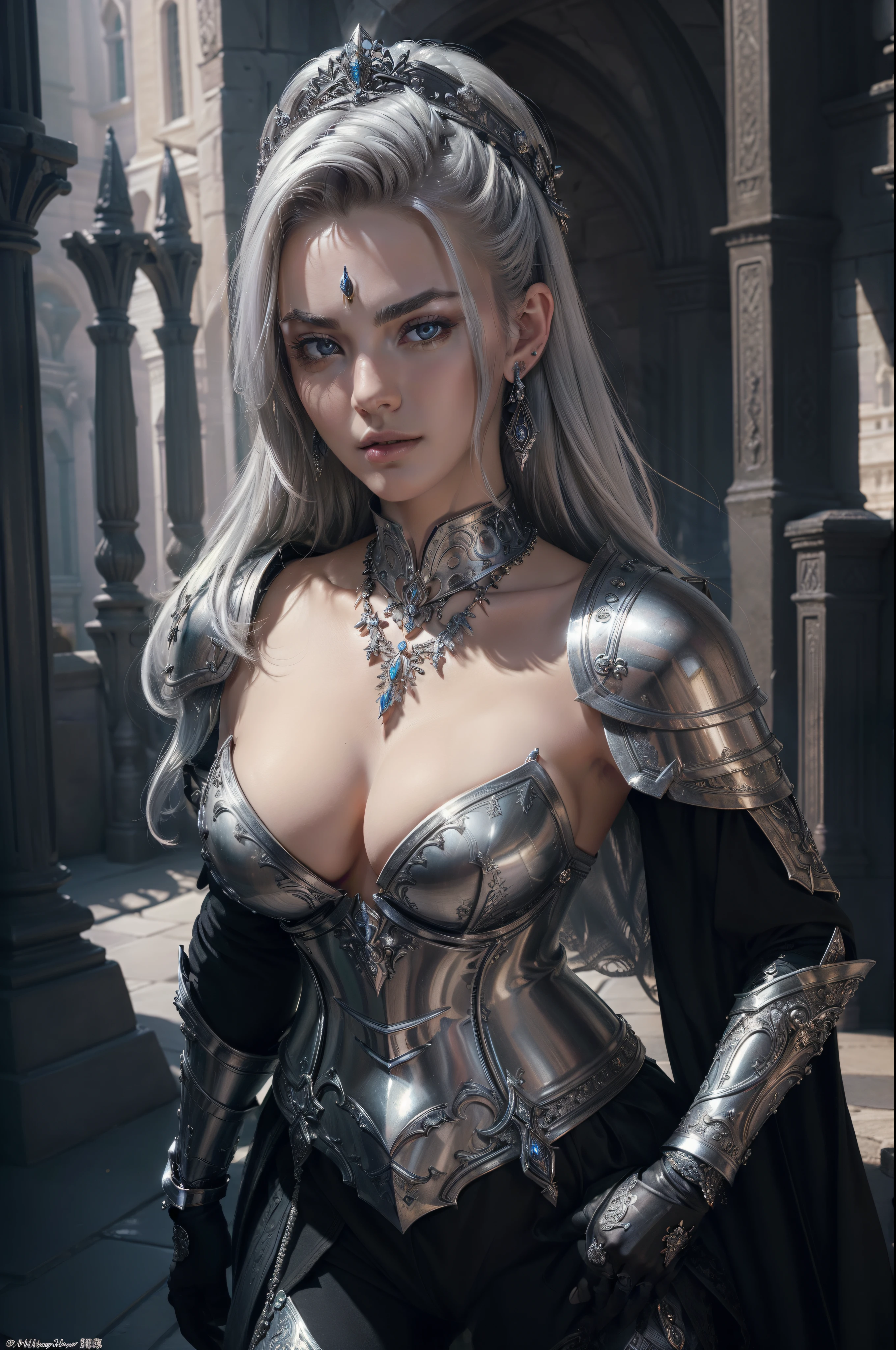 ((Masterpiece, Ultra Detailed, Full body)) Elegant Woman with Knight Armor, Black Armor, Silver Hair, Darker Brows, Attractive lips, Detailed Face, sexy, Fantasy, Dark, Medival City Back Ground, Earring, Necklace, Beautiful Eye