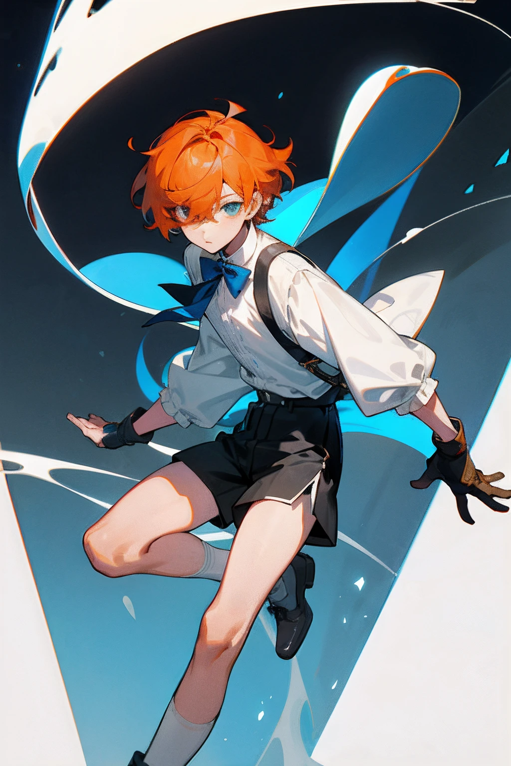 A ager,orange short hair,blue color eyes,Bangs cover one eye,Wear a white shirt,The cuffs have long lace trims,blue bowtie,A blue ribbon is tied around his neck,longer sleeves,Wearing black shorts,show legs,Wear white socks and leather shoes,wearing satchel,He wears black half-palm gloves on his hands,modern day,full bodyesbian