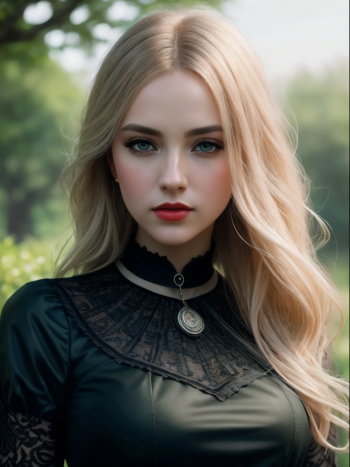 photo of a stunning beautiful woman in a park, long messy windy blonde hair, green eyes, modelshoot style, (extremely detailed CG unity 8k wallpaper), photo of the most beautiful artwork in the world, professional majestic oil painting by Ed Blinkey, Atey Ghailan, Studio Ghibli, by Jeremy Mann, Greg Manchess, Antonio Moro, trending on ArtStation, trending on CGSociety, Intricate, High Detail, Sharp focus, dramatic, photorealistic painting art by midjourney and greg rutkowski, (gothic elegant dress:1.1), (looking at viewer), (detailed pupils:1.3), (modern outfit:1.2), (closeup), red lips, (choker)