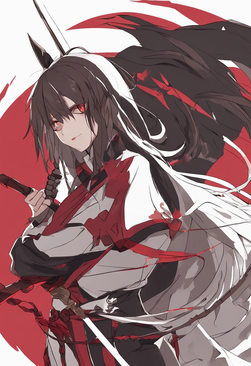 (Master parts, Best quality, high resolution,granulated:1.2),
sunder (Uchiha Itachi:1.3), Long hair,Forehead shield, cloaks, femele,Horsetail fluttering,red string,brunette color hair ,whaite hair,Red eyes , With a sword at the waist, Covered in white smoke, eye disease, Bamboo all around(Surrounded by leaves:1.1),