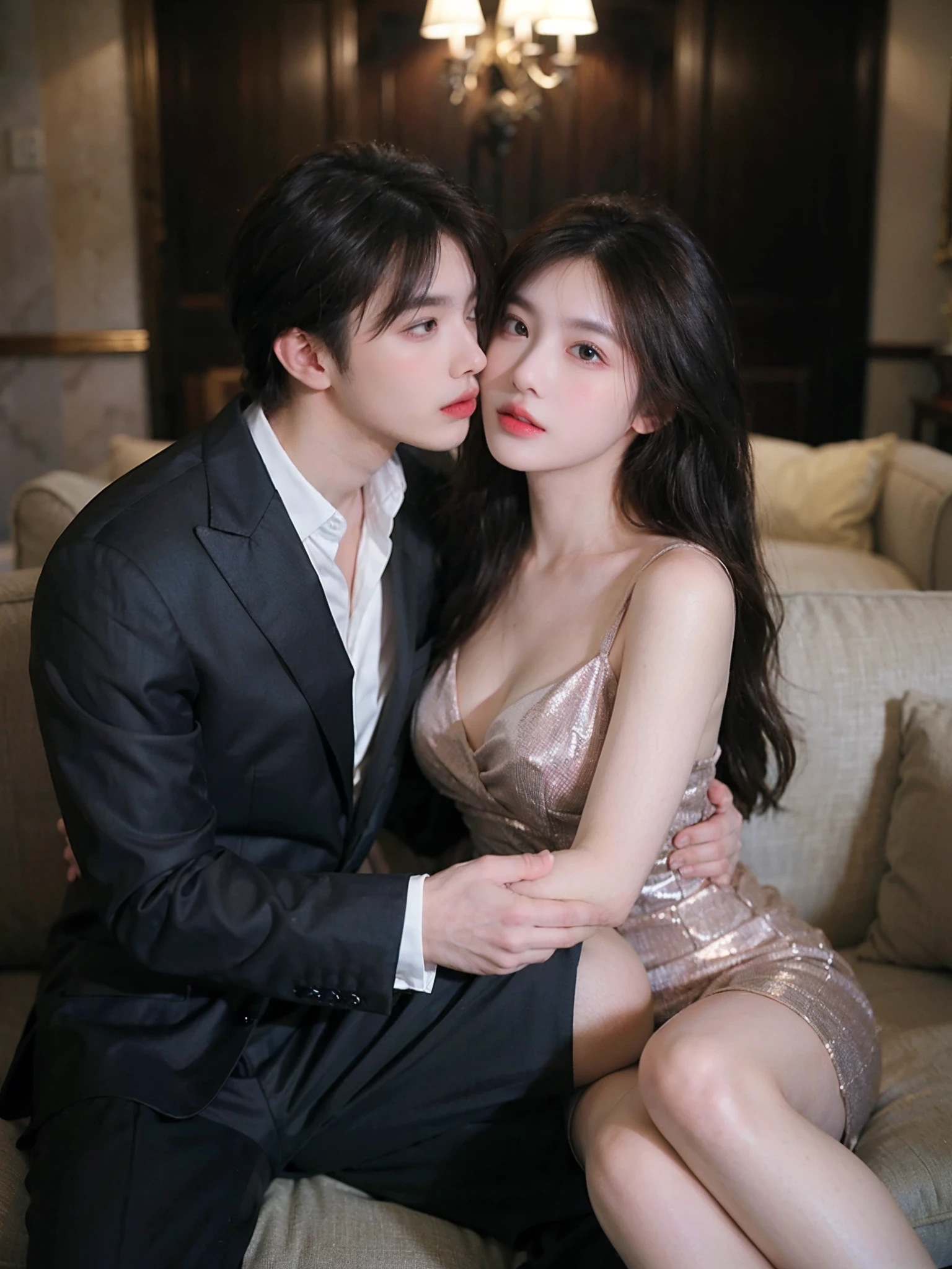 Top quality, masterpiece, ultra high resolution, (photorealistic: 1.4), (1 male, 1 female: 1.2), raw photos, dark cabaret club interior, (man and woman sitting on a high-class sofa enjoying excessive skinship: 2), (staring at each other: 1.5), , men and women in their 20s, hugs, kisses, (women are wearing luxurious and sexy party dresses, men are in formal suits :1.2), perfect face, perfect body, perfect clothes, perfect anatomy, movie lighting, romantic indirect lighting, detailed and delicate drawing, gaze does not look at the front