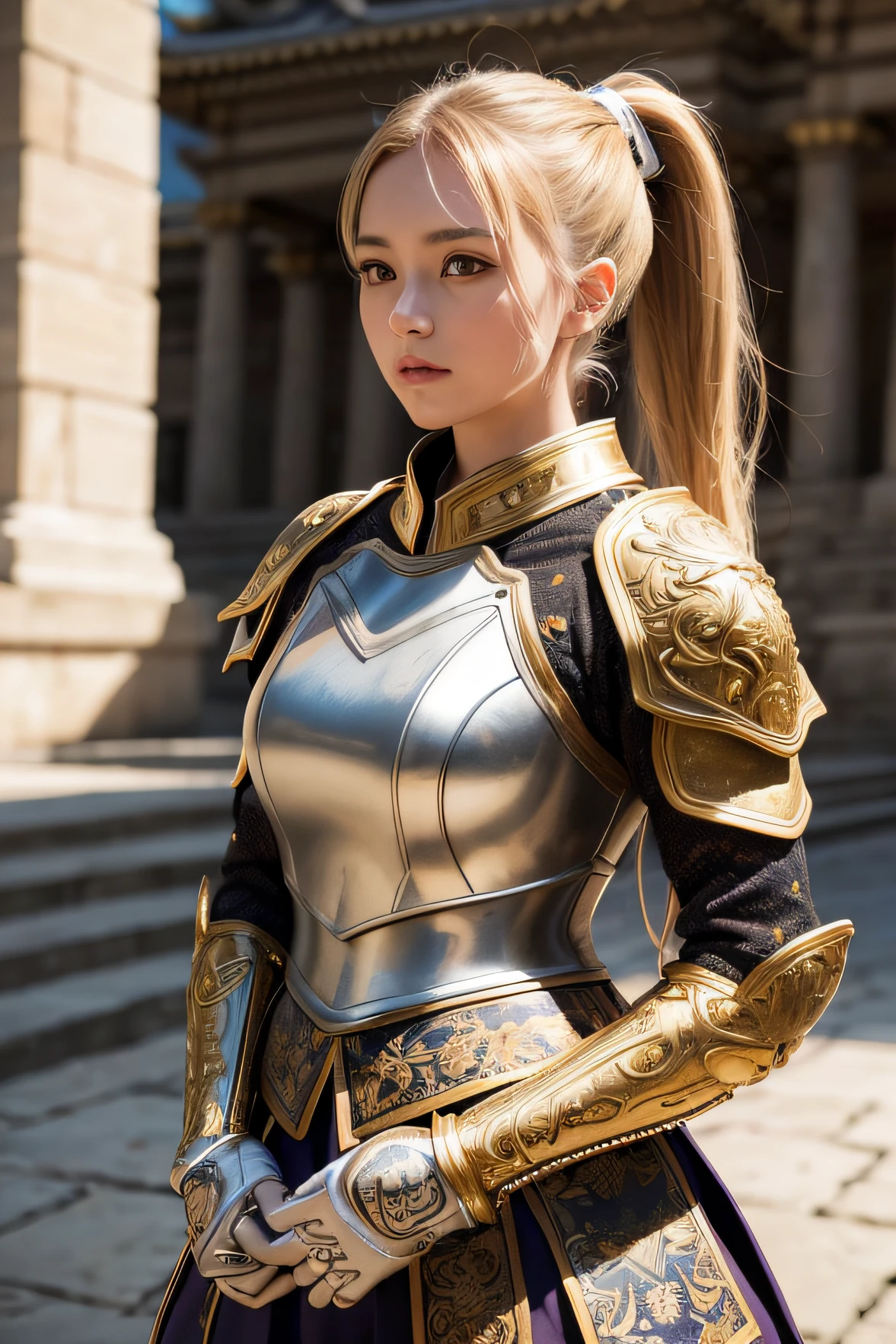 jisoo look-a-like, (8K, best quality:1.2), (masterpiece:1.37), (photo, photorealistic:1.37), (ultrahigh-res), half body, walking pose, shot from front, slow motion, female paladin in armour, (light silver and gold armour:1.2),(ornately decorated armor), (insanely detailed, bloom:1.5), (highest quality, concept art, 4k), (analog:1.2), (high sharpness), (detailed pupils:1.1), detailed face and eyes, Masterpiece, best quality, (highly detailed photo:1.1), (long blonde Hair, ponytail,ecstatic:1.1), (young woman:1.1), sharp, (perfect body:1.1), realistic, real shadow, 3d, (temple background:1.2), arms crossed over the chest 
photographed by Canan EOS R6, 135mm, 1/1250s, f/2.8, ISO 400