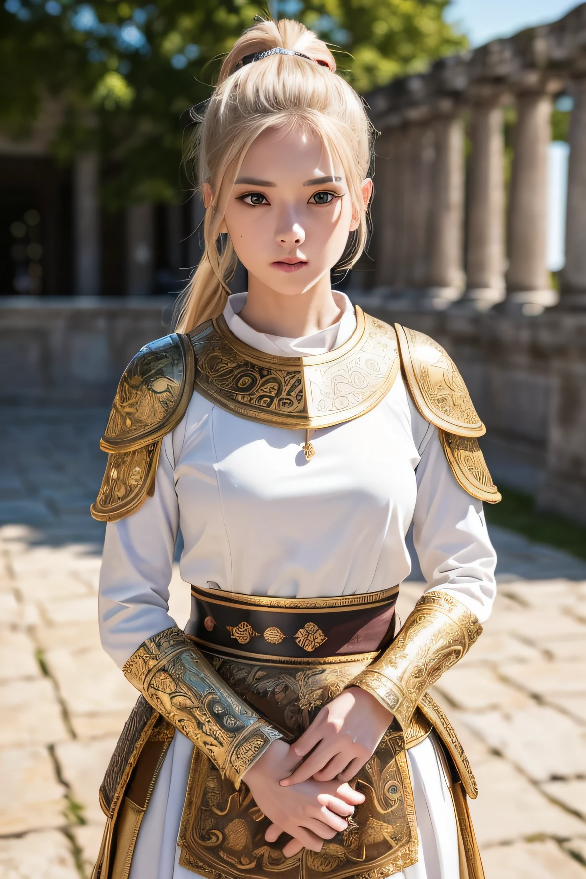 jisoo look-a-like, (8K, best quality:1.2), (masterpiece:1.37), (photo, photorealistic:1.37), (ultrahigh-res), half body, walking pose, shot from front, slow motion, female paladin in armour, (light silver and gold armour:1.2),(ornately decorated armor), (insanely detailed, bloom:1.5), (highest quality, concept art, 4k), (analog:1.2), (high sharpness), (detailed pupils:1.1), detailed face and eyes, Masterpiece, best quality, (highly detailed photo:1.1), (long blonde Hair, ponytail,ecstatic:1.1), (young woman:1.1), sharp, (perfect body:1.1), realistic, real shadow, 3d, (temple background:1.2), arms crossed over the chest 
photographed by Canan EOS R6, 135mm, 1/1250s, f/2.8, ISO 400