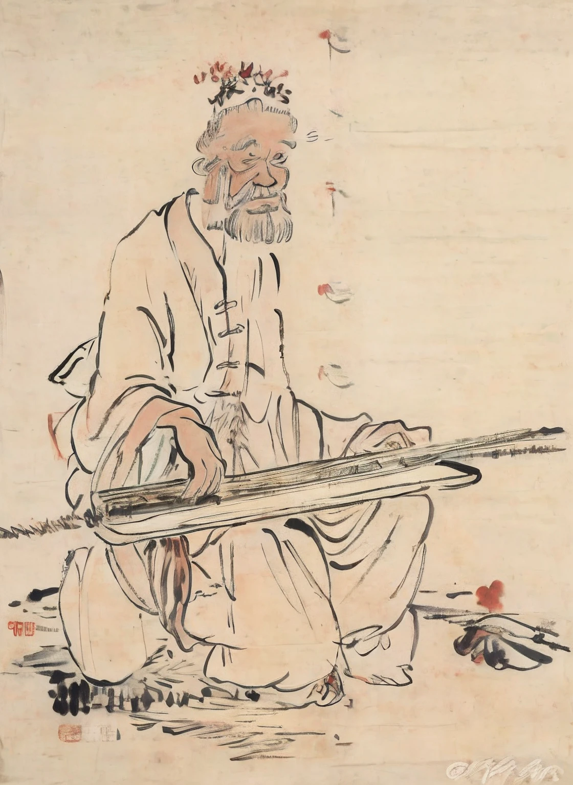 "tmasterpiece，best qualtiy：1.2，Tradition Chinese Ink Painting，Fuqin（zither），mtu（a old man），Kneeling"