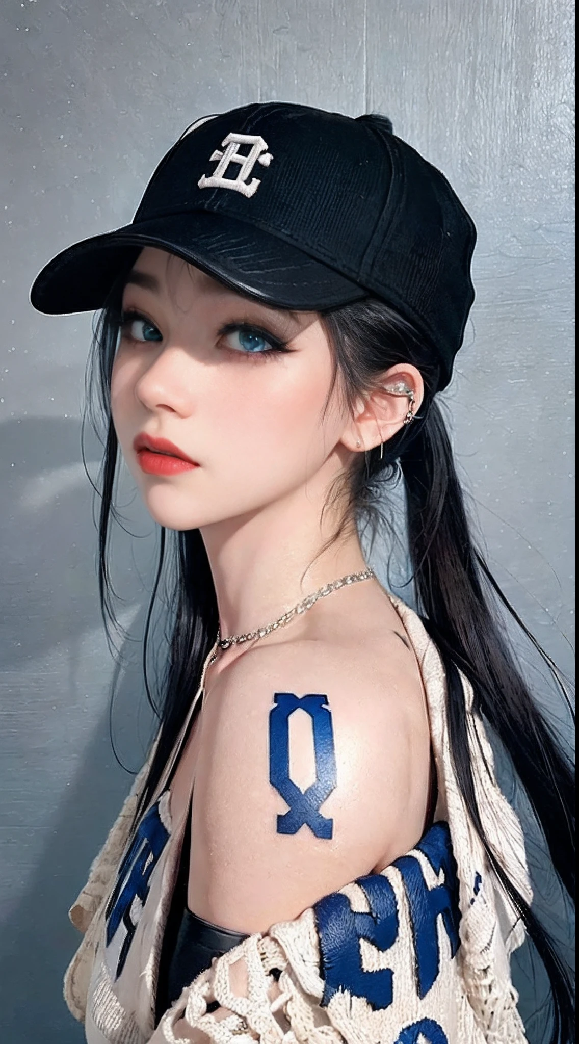 1girl, solo, jewelry, hat, realistic, piercing, earrings, black hair, necklace, baseball cap, blue eyes, ear piercing, ponytail, tattoo, makeup, traditional media, lips