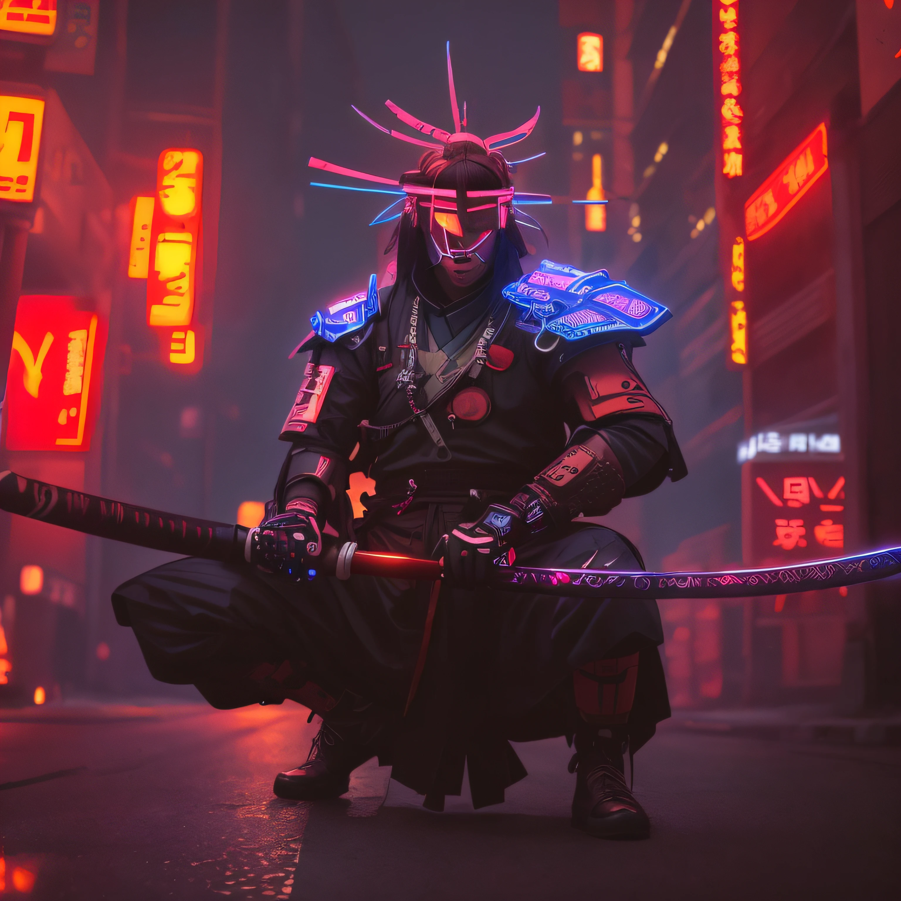 Japan city with neon lights, cyberpunk samurai, neon samurai, very beautiful cyberpunk samurai, Portrait of a cyberpunk samurai, Urban Samurai, Demon Samurai, samurai warrior, cyber punk style, cyberpunk geisha, Cyberpunk Lighting, cyberpunk art style, In a cyber-punk style, street samurai,Emitting an aura
