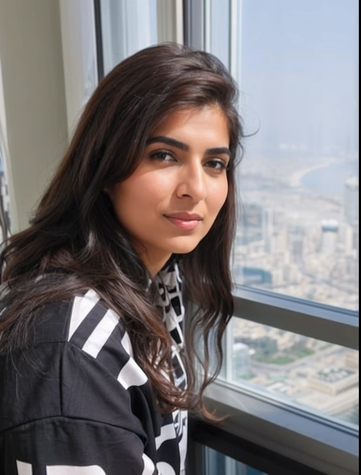 arafed woman sitting in front of a window looking out at the city, ameera al taweel, ameera al-taweel, stood on top of a sky scraper, arab ameera al taweel, mia khalifa, amazing view, arab ameera al-taweel, taken with my nikon d 3, beautiful view --auto