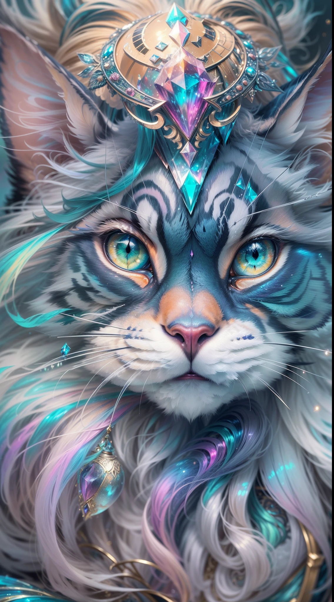 ((ultra-detailed)), (highly detailed CG illustration), ((an extremely delicate and beautiful maincoon)), cinematic light, Create a stunning fantasy artwork that mimics the style of currently trending masters of the genre. The art piece should contain elements of both mythic fantasy with colorful accents. ((Utilize various shades of blue green and watercolor pastels as the main color scheme.)) The maincoon in the artwork is a fluffy with an aura of mystery and magic, mesmerizing eyes with vibrant colors and bold shading. The fur of maincoon should be designed with gossamer feathers, silk, stunning embroidery, and subtle iridescent details. Incorporate dreamy colors, dynamic lighting, and detailed background elements to create a sense of awe and immersion. Include magical aura. Consider, (((masterpiece))), (((best quality)))