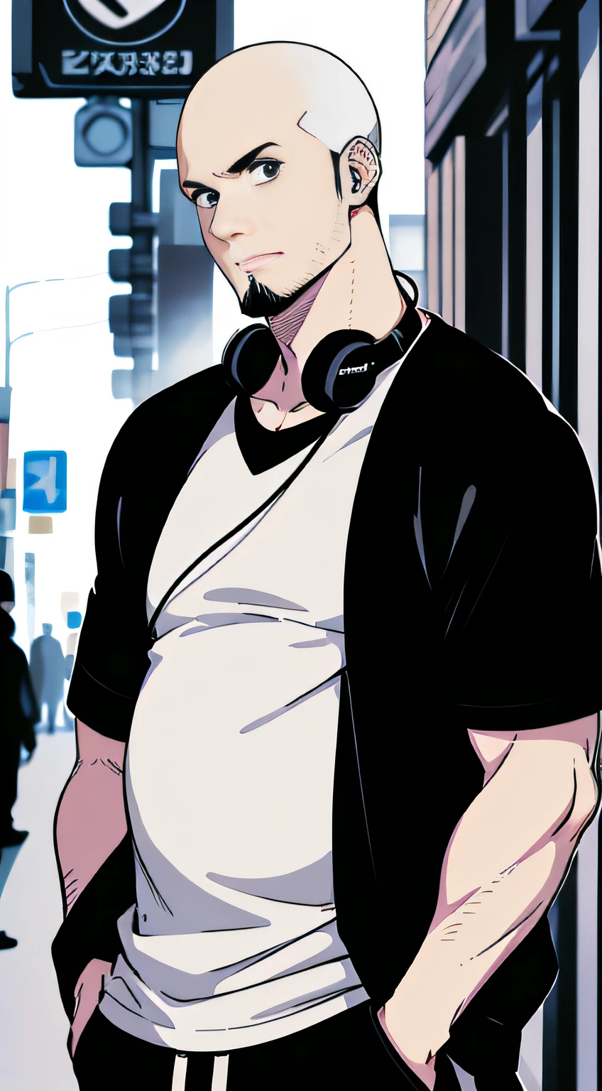 Male,Side image, Black and white, bald-headed, Slightly fat, Avant-garde accessories,Sporty style, Casual T-shirt, Confident gaze, monochromatic color scheme, Looks to the side, Chic street fashion, Casual hand in pocket pose,Head,((One guy)),Goatee,Over-ear headphones, a tablet ,